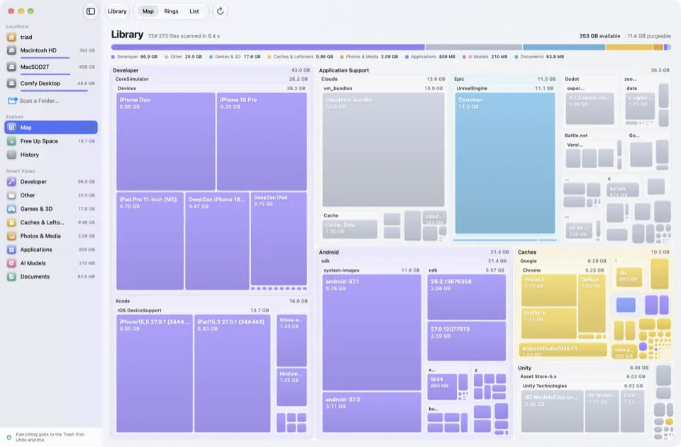 MoreRoom’s map view: a colour-coded treemap of the Library folder, with iOS simulators, Xcode, Android SDK and caches as large blocks