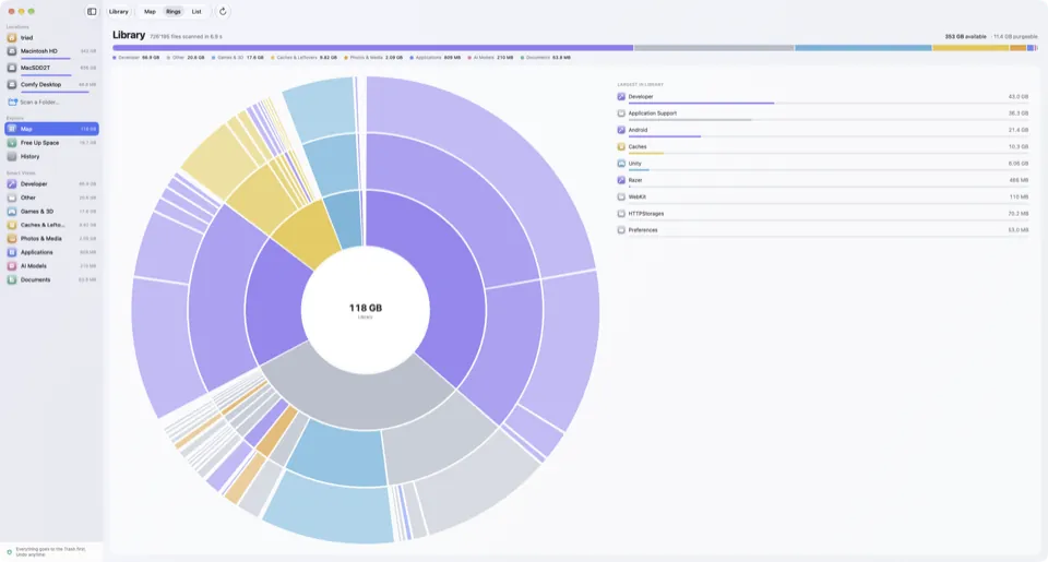 MoreRoom’s rings view: a sunburst of the Library folder with a list of its largest folders